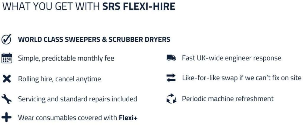 What you get with SRS Flexi-Hire, the fully managed service for industrial cleaning machines that includes equipment, servicing, maintenance, periodic refreshment and ability to off-hire without penalty at any time, for a predictable monthly cost. A unique take on long-term cleaning machine rental.